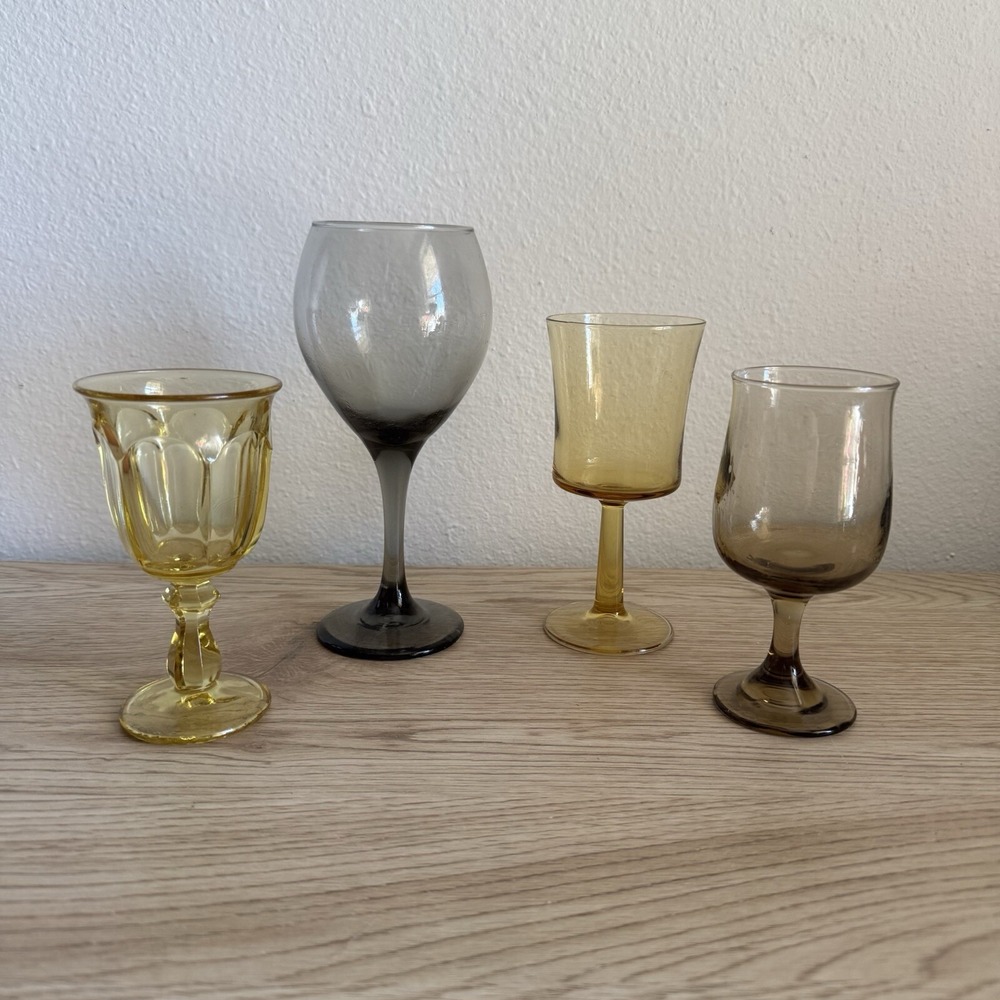 Vintage Colorful Drinking Glass Goblets Yellow Smoky Brown Amber Mismatched Set